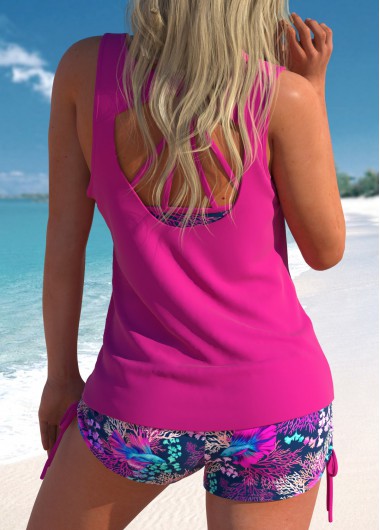 Hot Pink swimwear,Plants swimwear,Animal Print swimwear,ROTITA Three-piece Hot Pink High Waisted Tankini Set