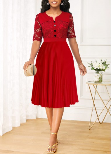 Red dresses,Plain Color dresses,ROTITA Pleated Lace Red Split Neck Half Sleeve Dress