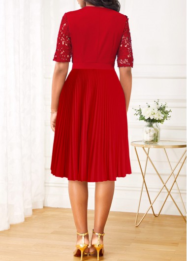 Red dresses,Plain Color dresses,ROTITA Pleated Lace Red Split Neck Half Sleeve Dress