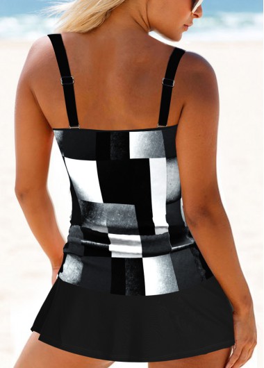 Black swimwear,White swimwear,Geometric swimwear,ROTITA Circular Ring Black Geometric Print Tankini Set
