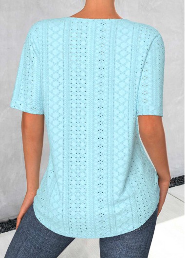 Light Blue tops,Plain Color tops,ROTITA Button Light Blue Split Neck Short Sleeve Blouse