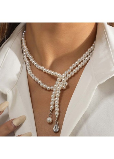 White jewelry,Geometric jewelry,White Pearl Detail Geometric Pattern Necklace