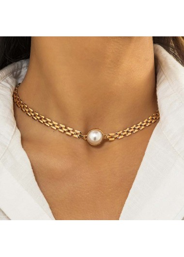 Gold jewelry,Other jewelry,Alloy Detail Retro Pearl Design Gold Necklace