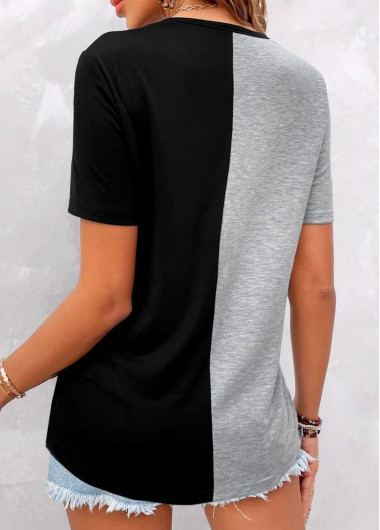 Grey plus size,Black plus size,Contrast Color plus size,ROTITA Plus Size Button Grey V Neck T Shirt