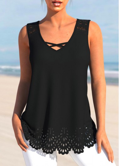 Black tops,Plain Color tops,ROTITA Burn Out Printing Black V Neck Tank Top