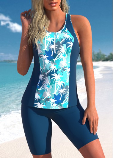 Peacock Blue swimwear,Cyan swimwear,Plants swimwear,ROTITA Zipper Peacock Blue Tropical Plants Print Tankini Set