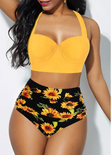 ROTITA High Waist Halter Cutout Back Sunflower Print Bikini Set