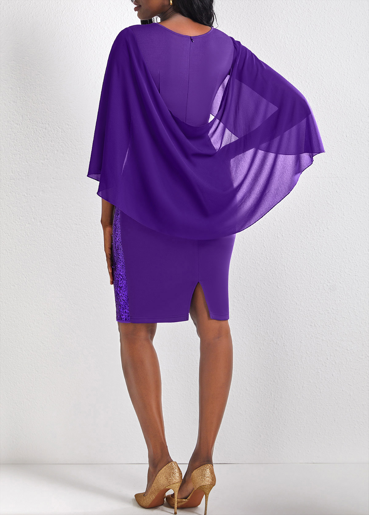 Purple dresses,Plain Color dresses,ROTITA 3/4 Sleeve Purple Sequin Button Design Dress