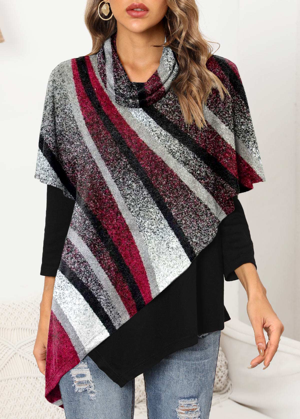 Multi Color plus size,Geometric plus size,ROTITA Plus Size Geometric Print Long Sleeve Asymmetric Hem Sweatshirt