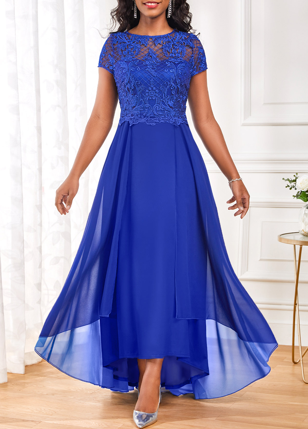 ROTITA Lace Royal Blue Boat Neck Maxi Dress