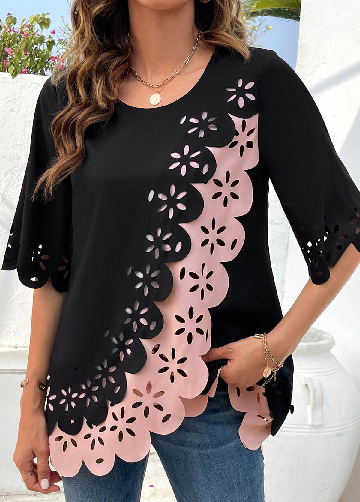 Black tops,Pink tops,Contrast Color tops,ROTITA Hollow Black Round Neck Patchwork Half Sleeve Blouse