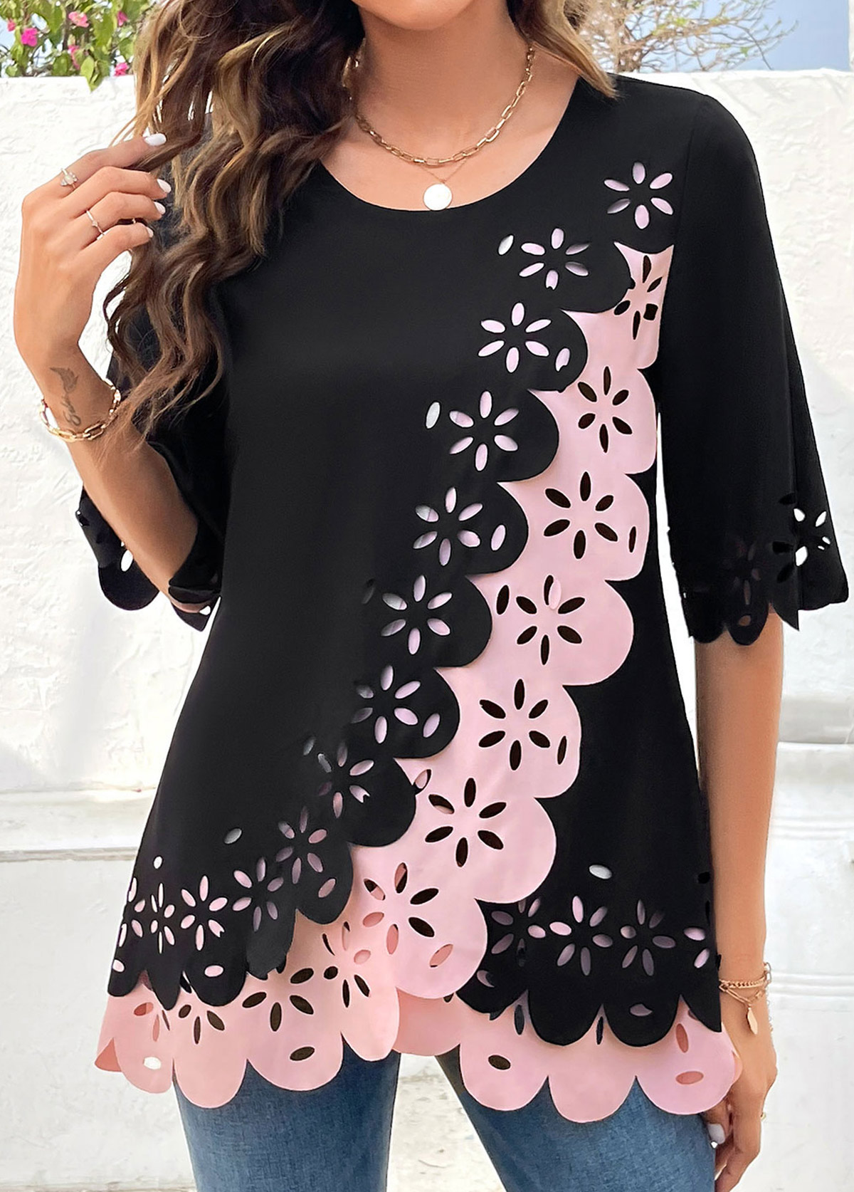 Black tops,Pink tops,Contrast Color tops,ROTITA Hollow Black Round Neck Patchwork Half Sleeve Blouse