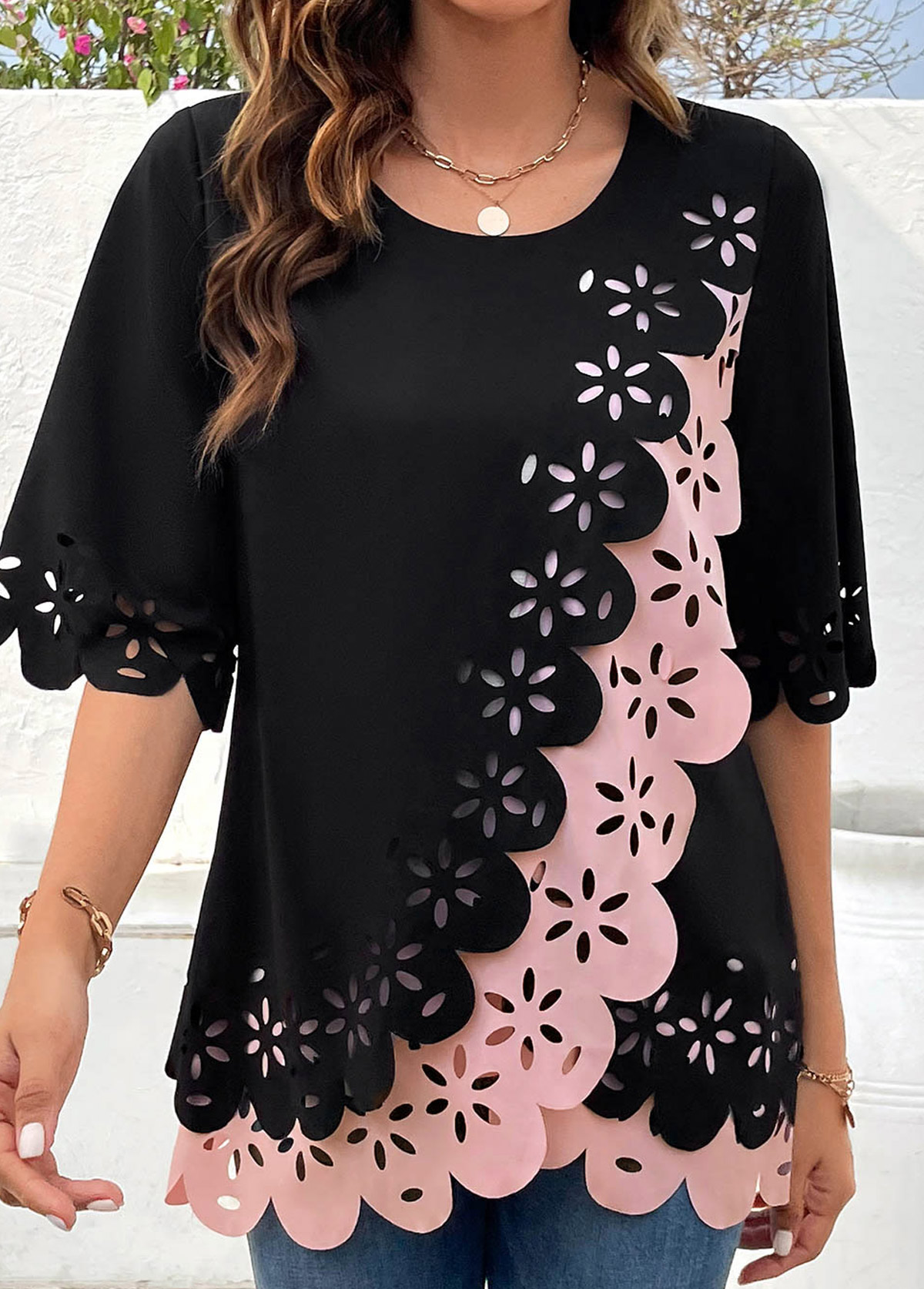 Black tops,Pink tops,Contrast Color tops,ROTITA Hollow Black Round Neck Patchwork Half Sleeve Blouse