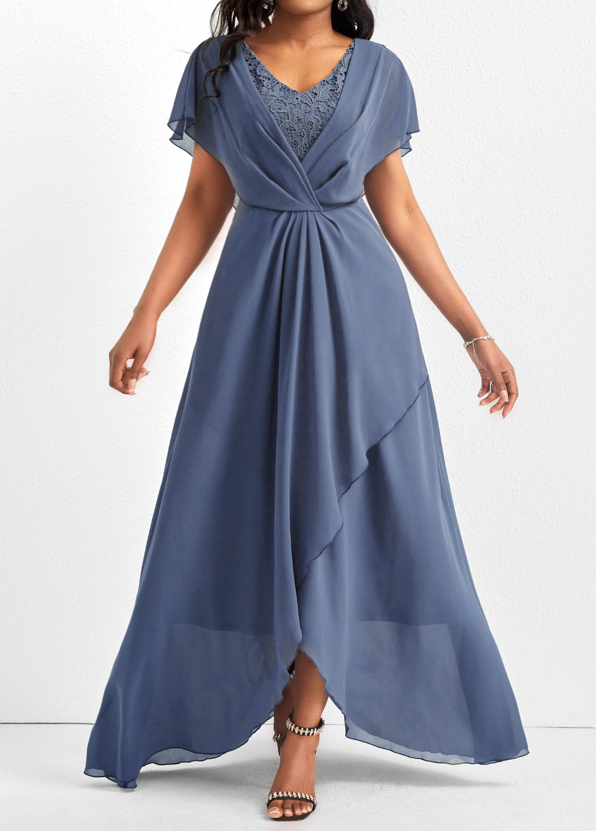 ROTITA Lace Dusty Blue V Neck Maxi Dress