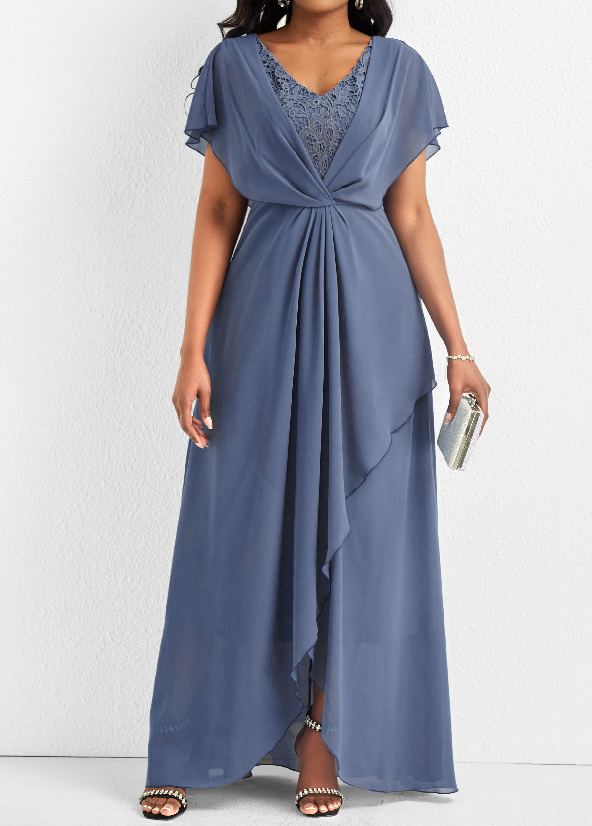 Dusty Blue dresses,Plain Color dresses,ROTITA Lace Dusty Blue V Neck Maxi Dress