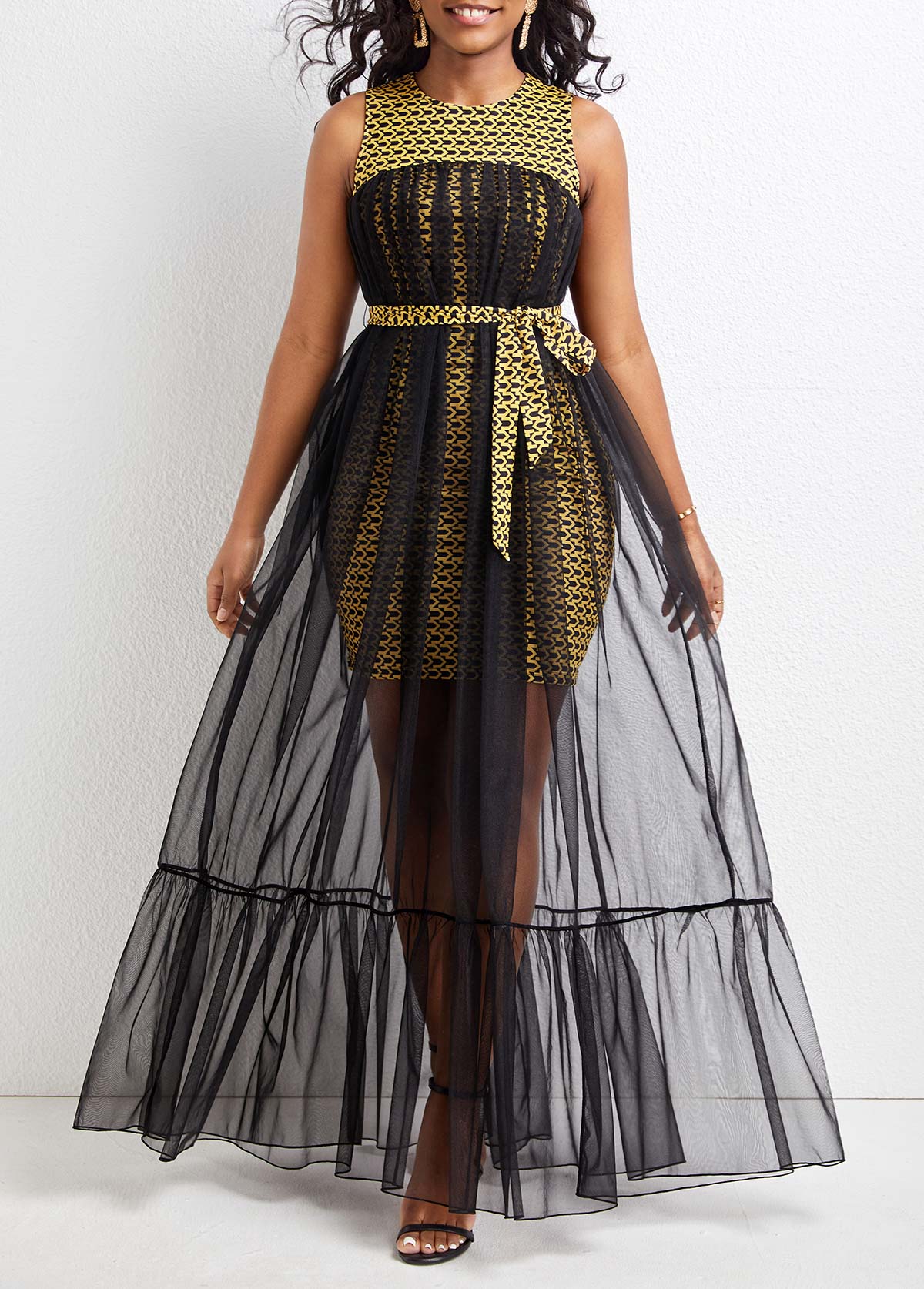 Black dresses,Chevron dresses,Geometric dresses,ROTITA Mesh Chevron Print Black Belted Maxi Dress