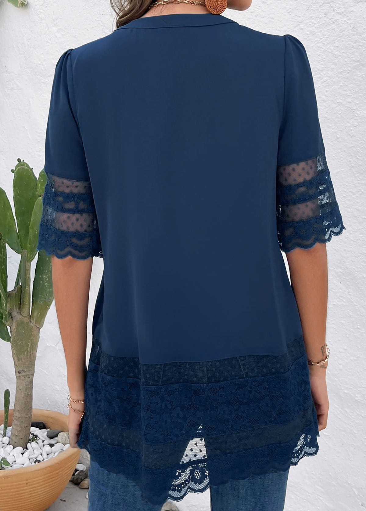 Blue tops,Plain Color tops,ROTITA Patchwork Lace Blue Round Neck Blouse