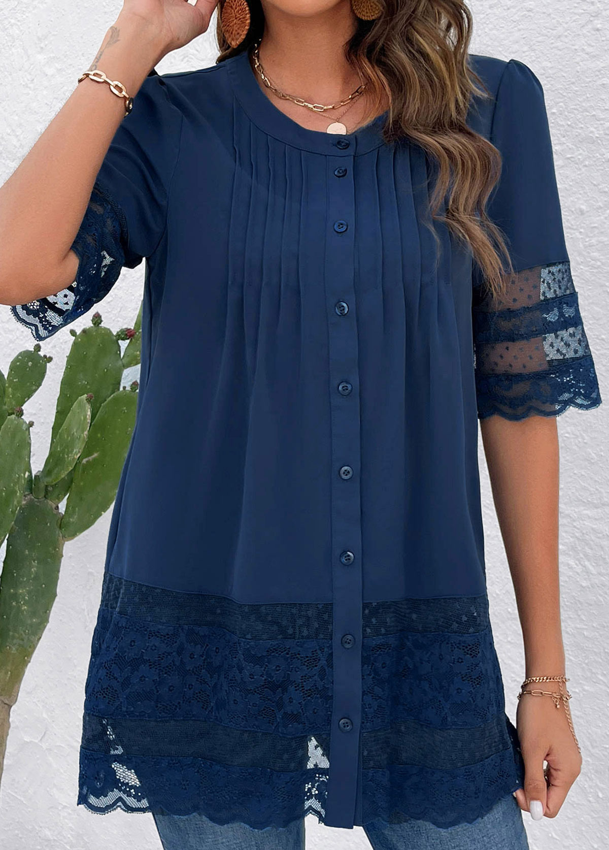Blue tops,Plain Color tops,ROTITA Patchwork Lace Blue Round Neck Blouse