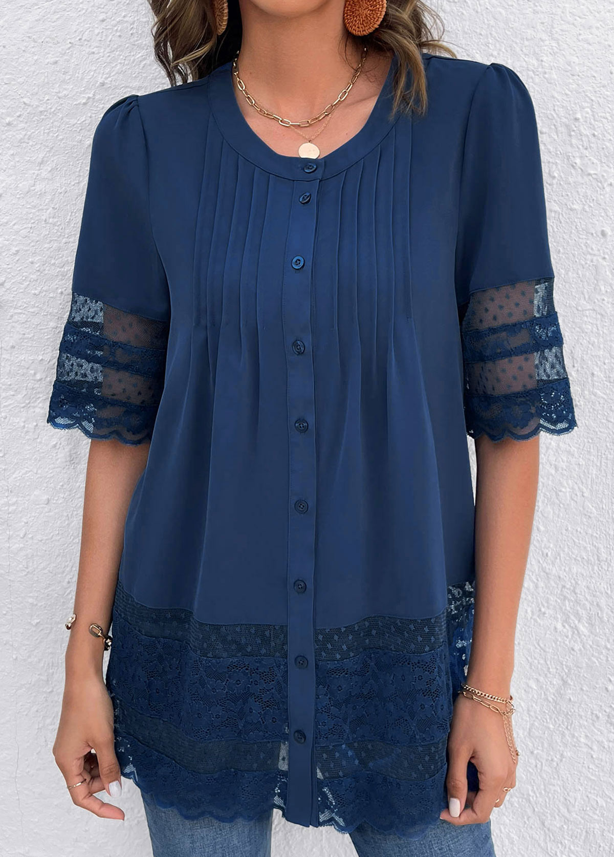 Blue tops,Plain Color tops,ROTITA Patchwork Lace Blue Round Neck Blouse