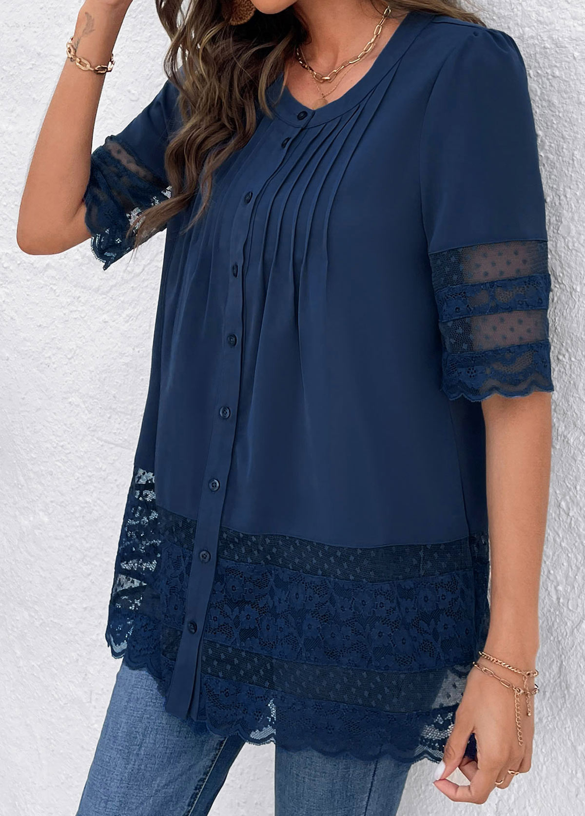 Blue tops,Plain Color tops,ROTITA Patchwork Lace Blue Round Neck Blouse