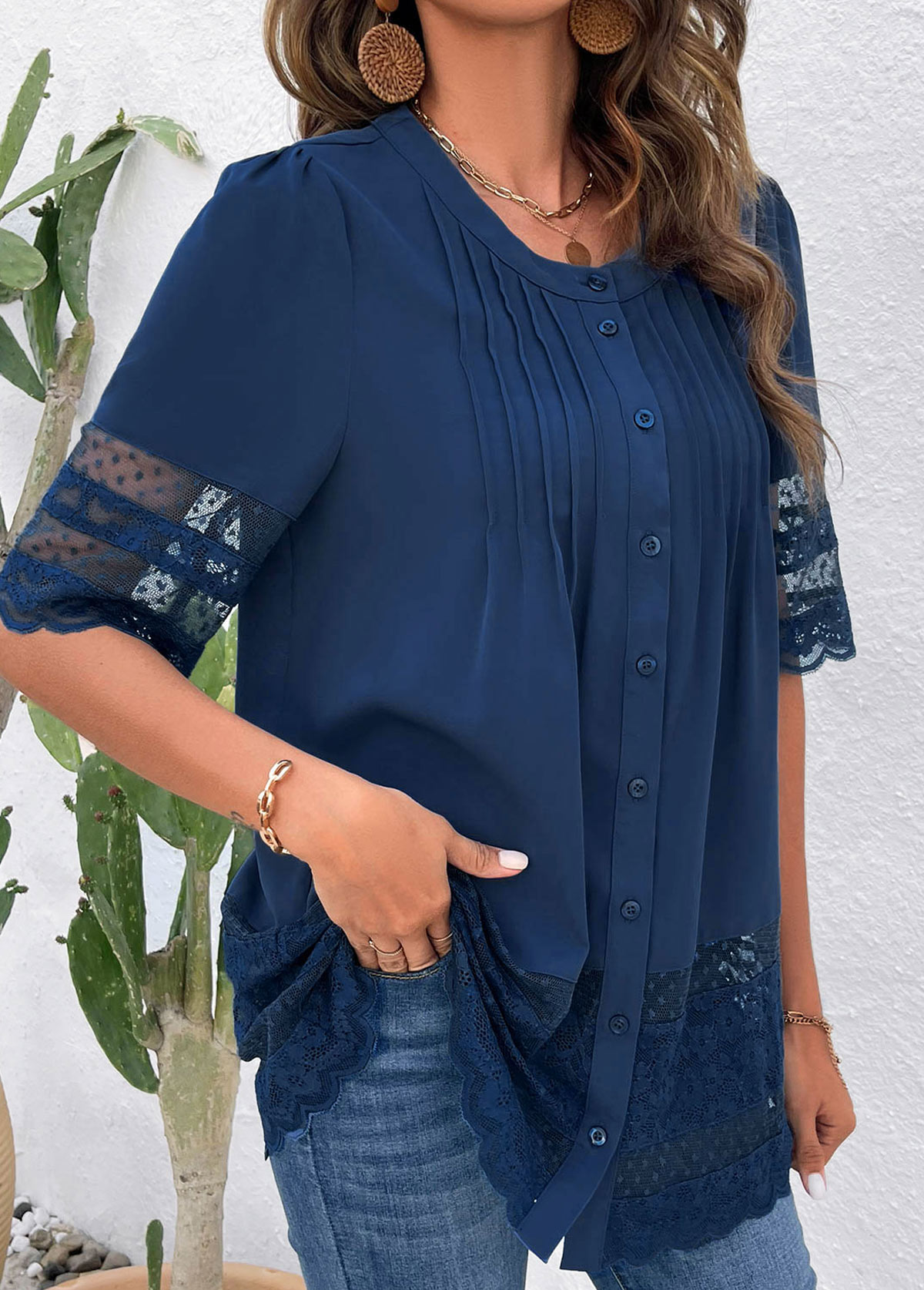 Blue tops,Plain Color tops,ROTITA Patchwork Lace Blue Round Neck Blouse
