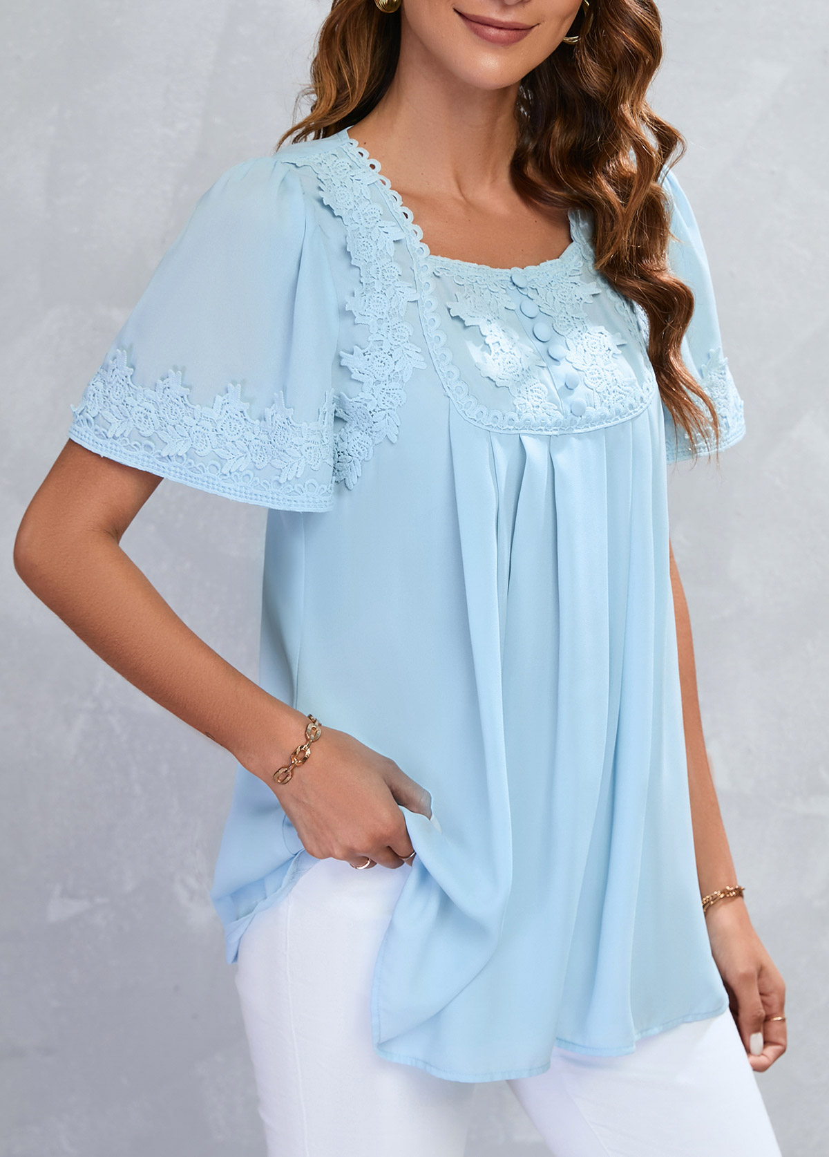 Light Blue tops,Plain Color tops,ROTITA Lace Patchwork Light Blue Square Neck Blouse