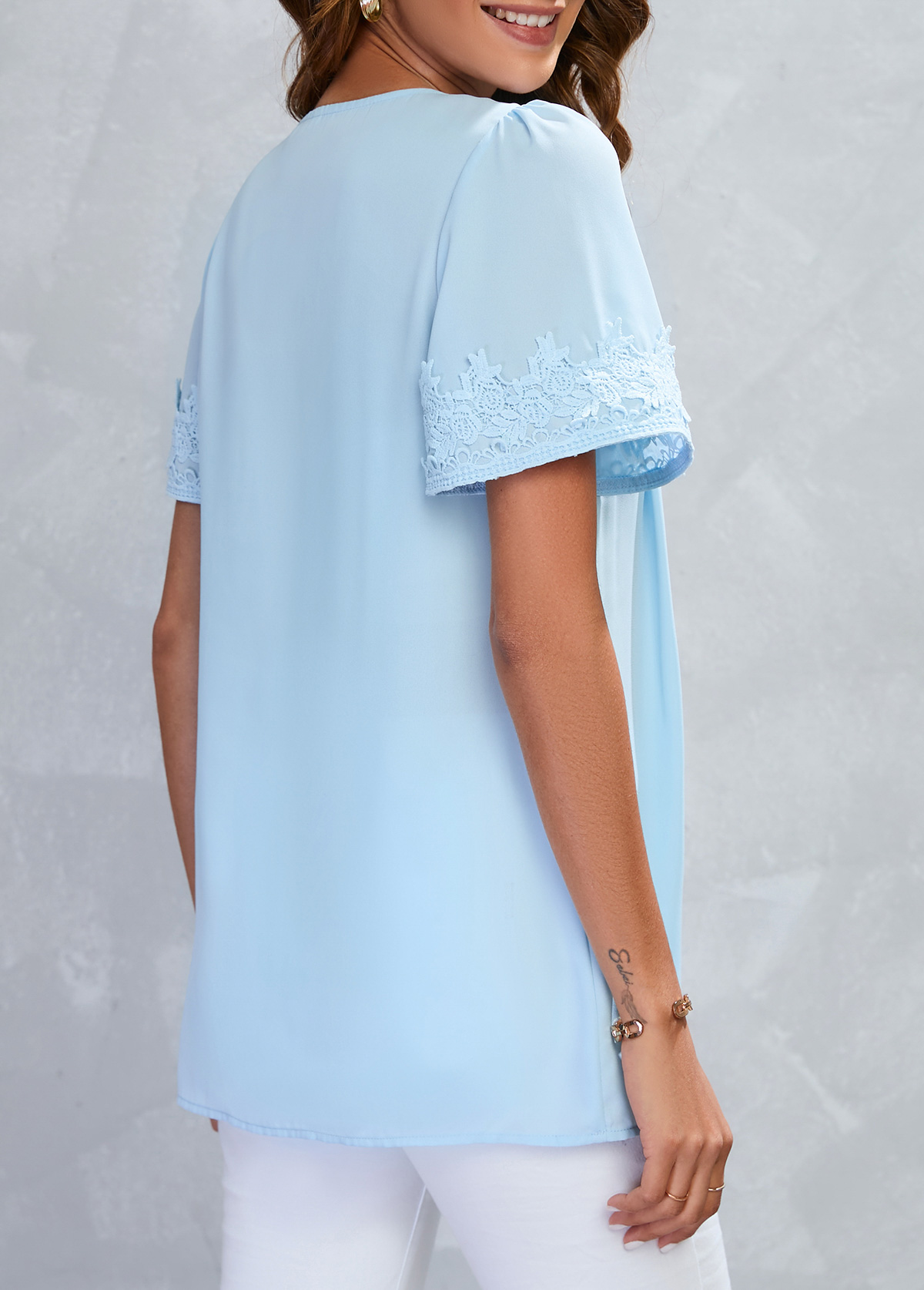 Light Blue tops,Plain Color tops,ROTITA Lace Patchwork Light Blue Square Neck Blouse