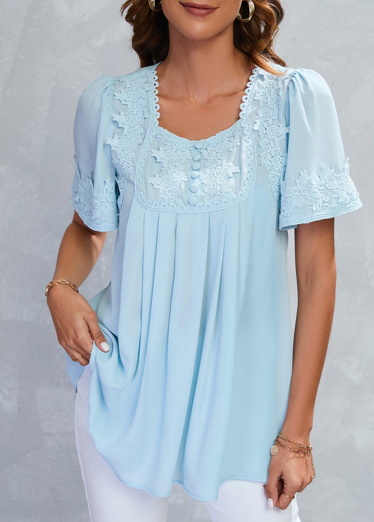 Light Blue tops,Plain Color tops,ROTITA Lace Patchwork Light Blue Square Neck Blouse