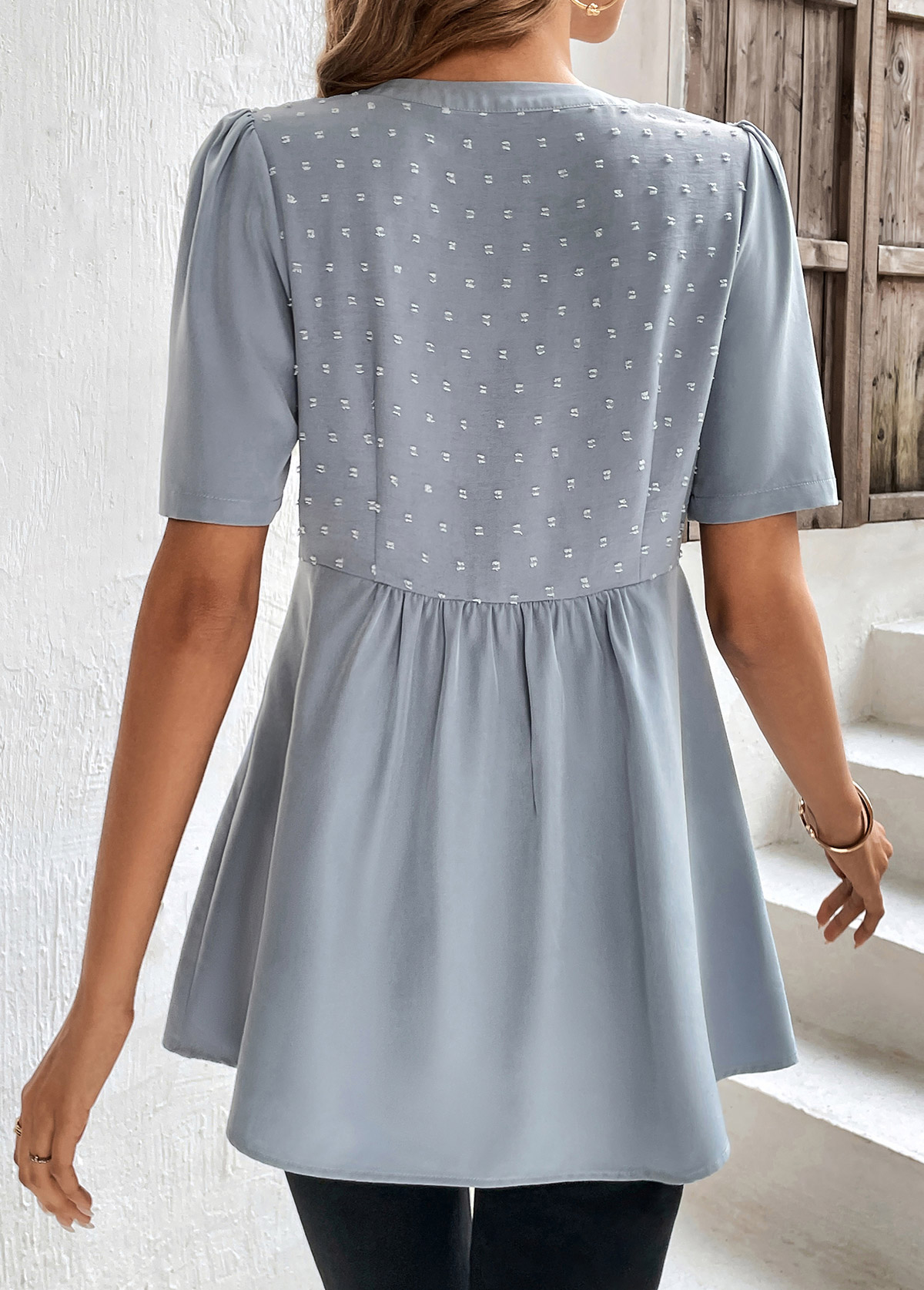 Dusty Blue tops,Plain Color tops,ROTITA Patchwork Dusty Blue Split Neck Short Sleeve Blouse