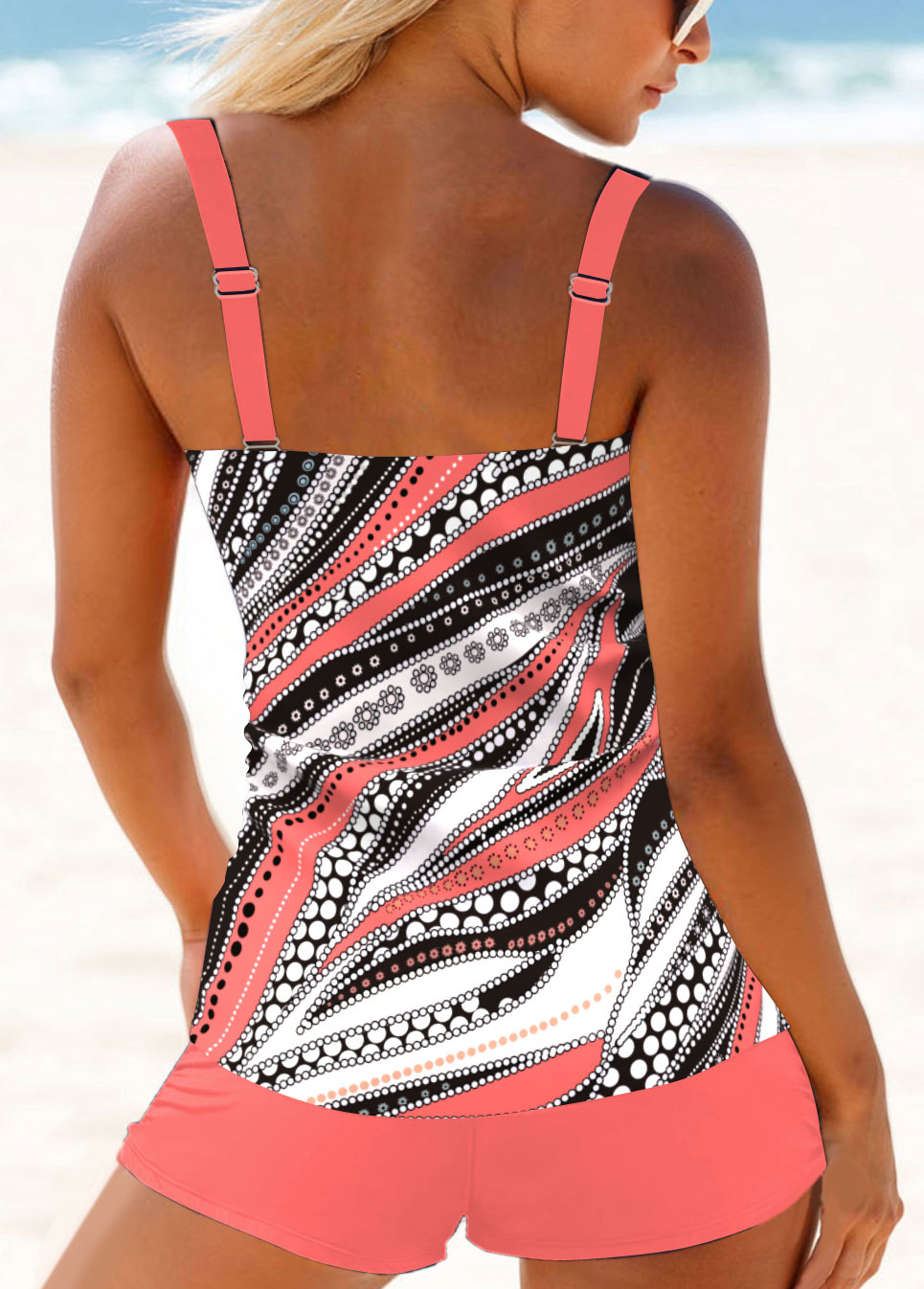 Coral swimwear,Geometric swimwear,Dot swimwear,ROTITA Coral Red Geometric Print Tankini Top
