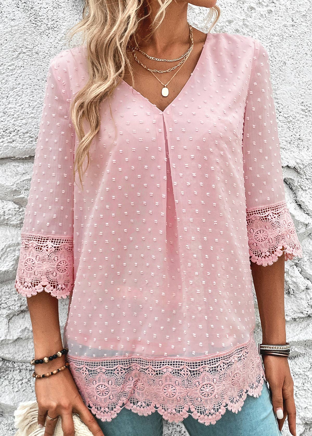 Light Pink tops,Plain Color tops,ROTITA Lace Light Pink V Neck Blouse