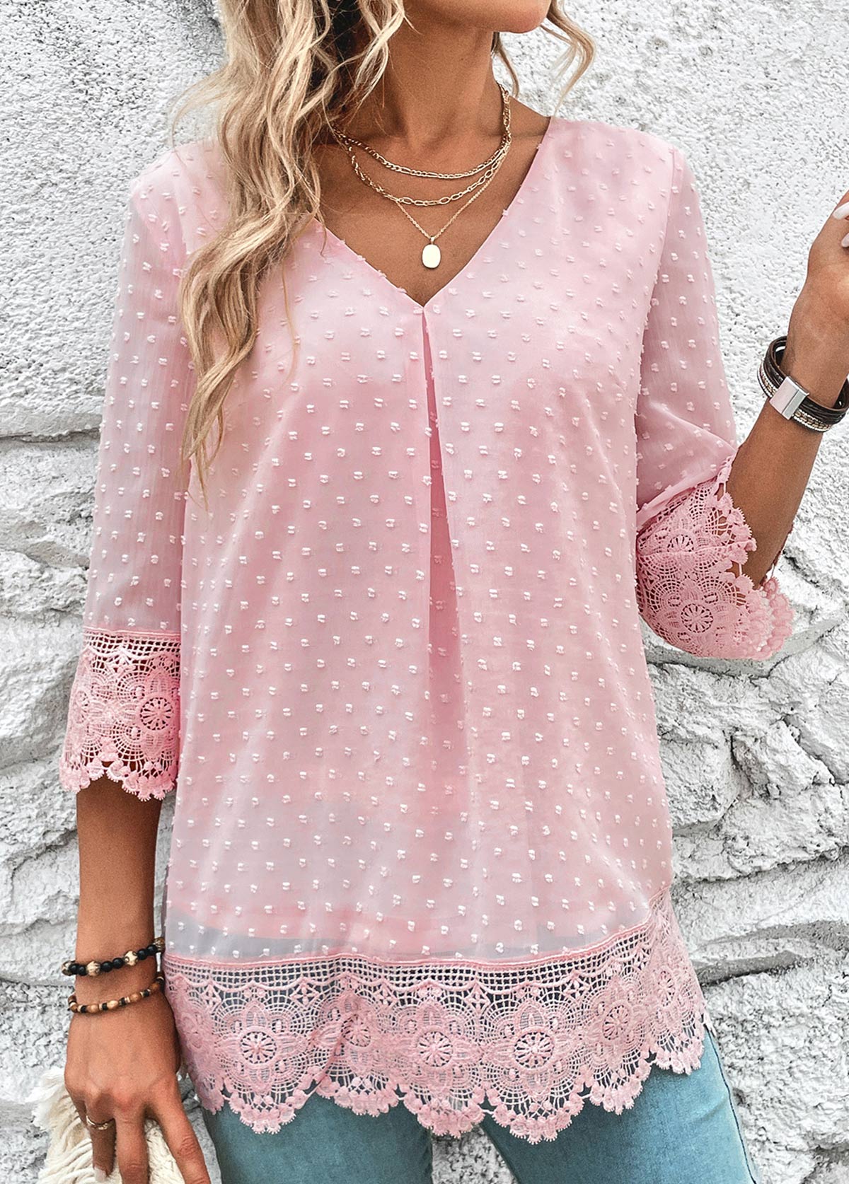 Light Pink tops,Plain Color tops,ROTITA Lace Light Pink V Neck Blouse