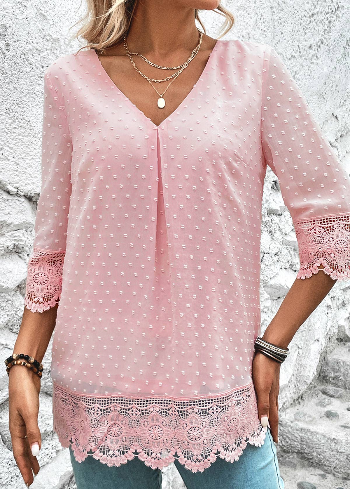 Light Pink tops,Plain Color tops,ROTITA Lace Light Pink V Neck Blouse