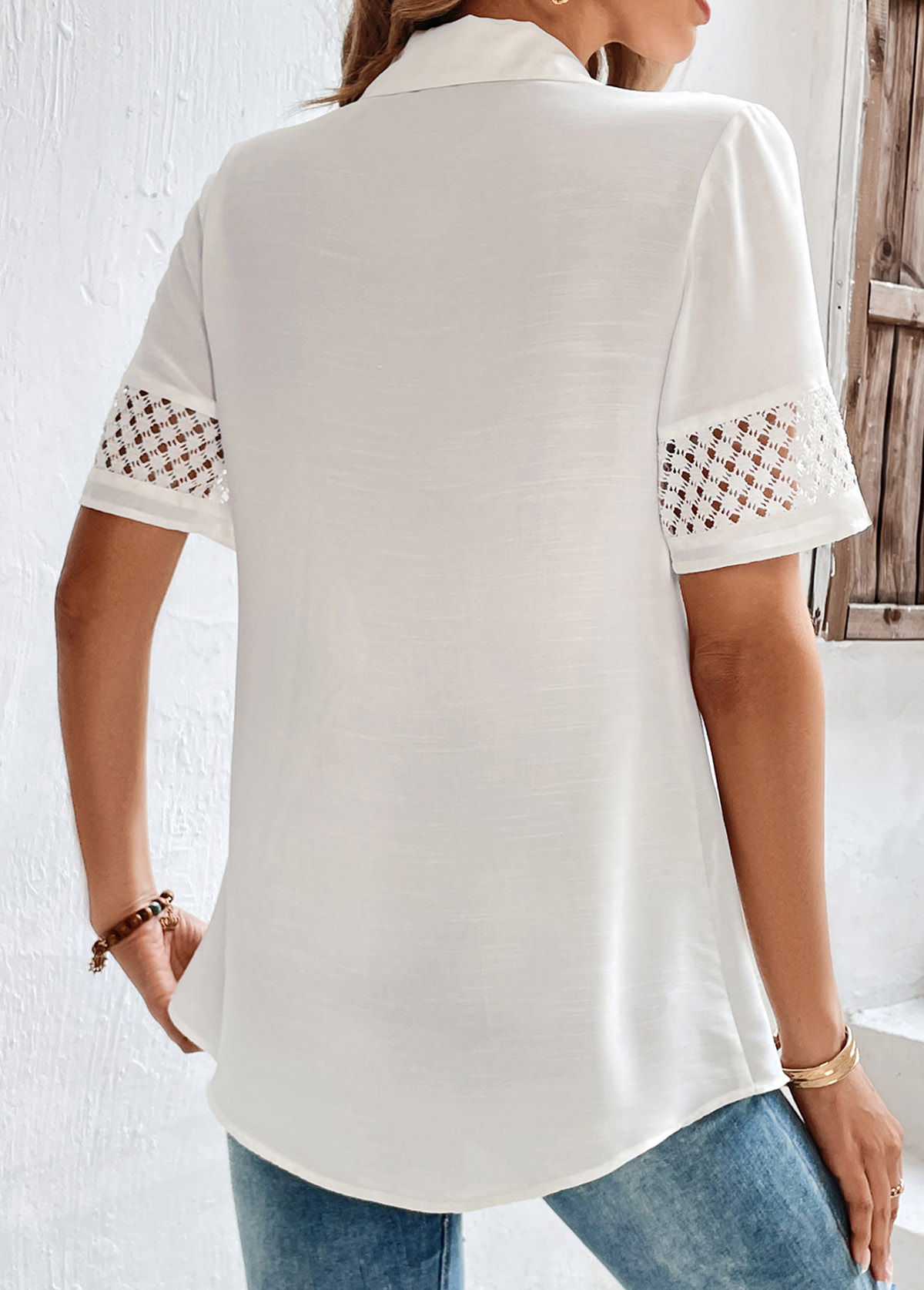 White tops,Plain Color tops,ROTITA Lace White Shirt Collar Button Up Blouse