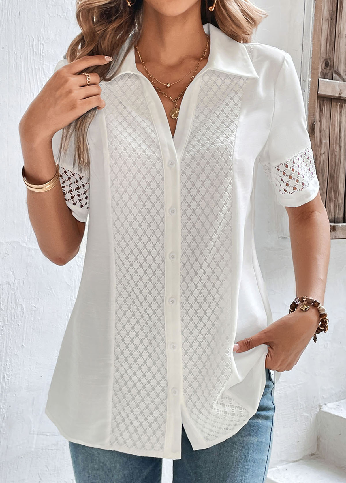 White tops,Plain Color tops,ROTITA Lace White Shirt Collar Button Up Blouse