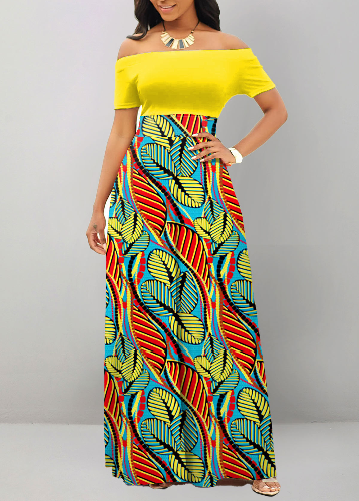 ROTITA Leaf Print Multi Color Off Shoulder Maxi Dress