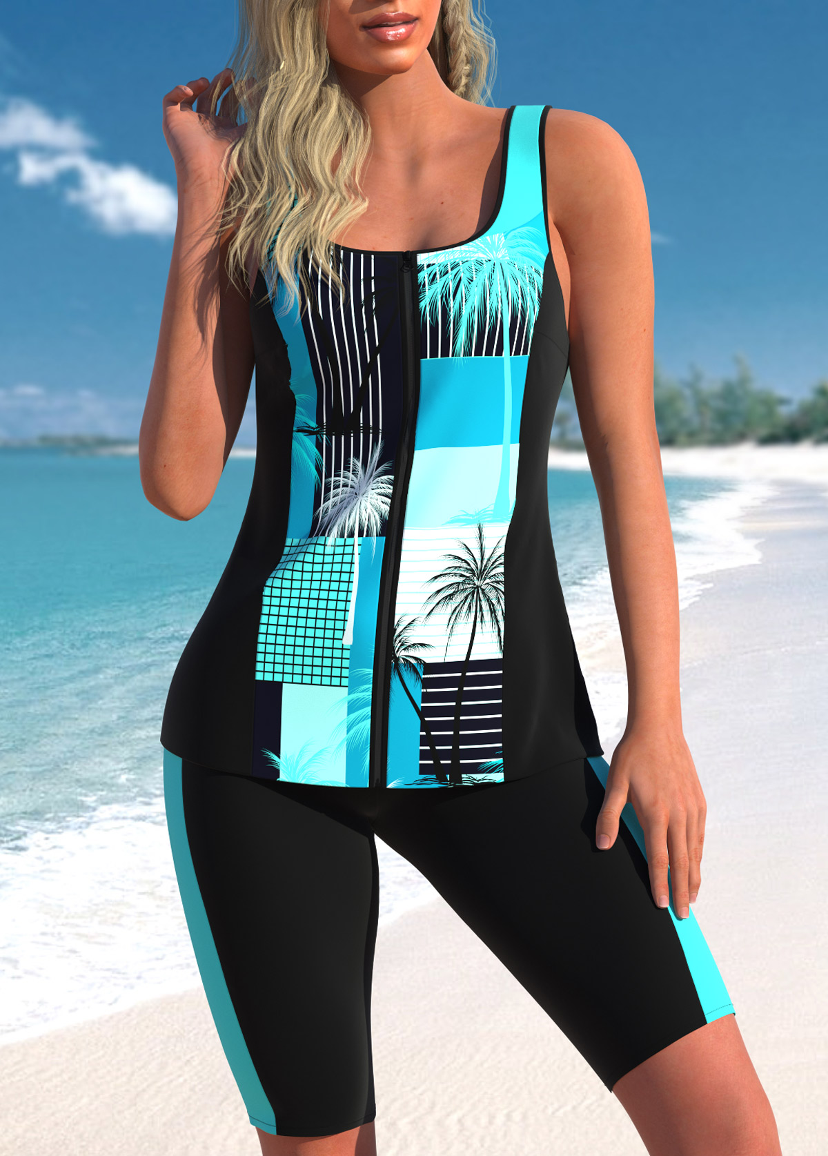 ROTITA Zipper Cyan Tropical Plants Print Tankini Top-No Bottom