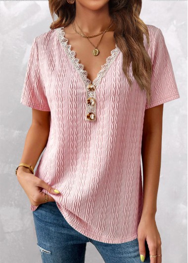 ROTITA Twisted Pink V Neck Short Sleeve T Shirt