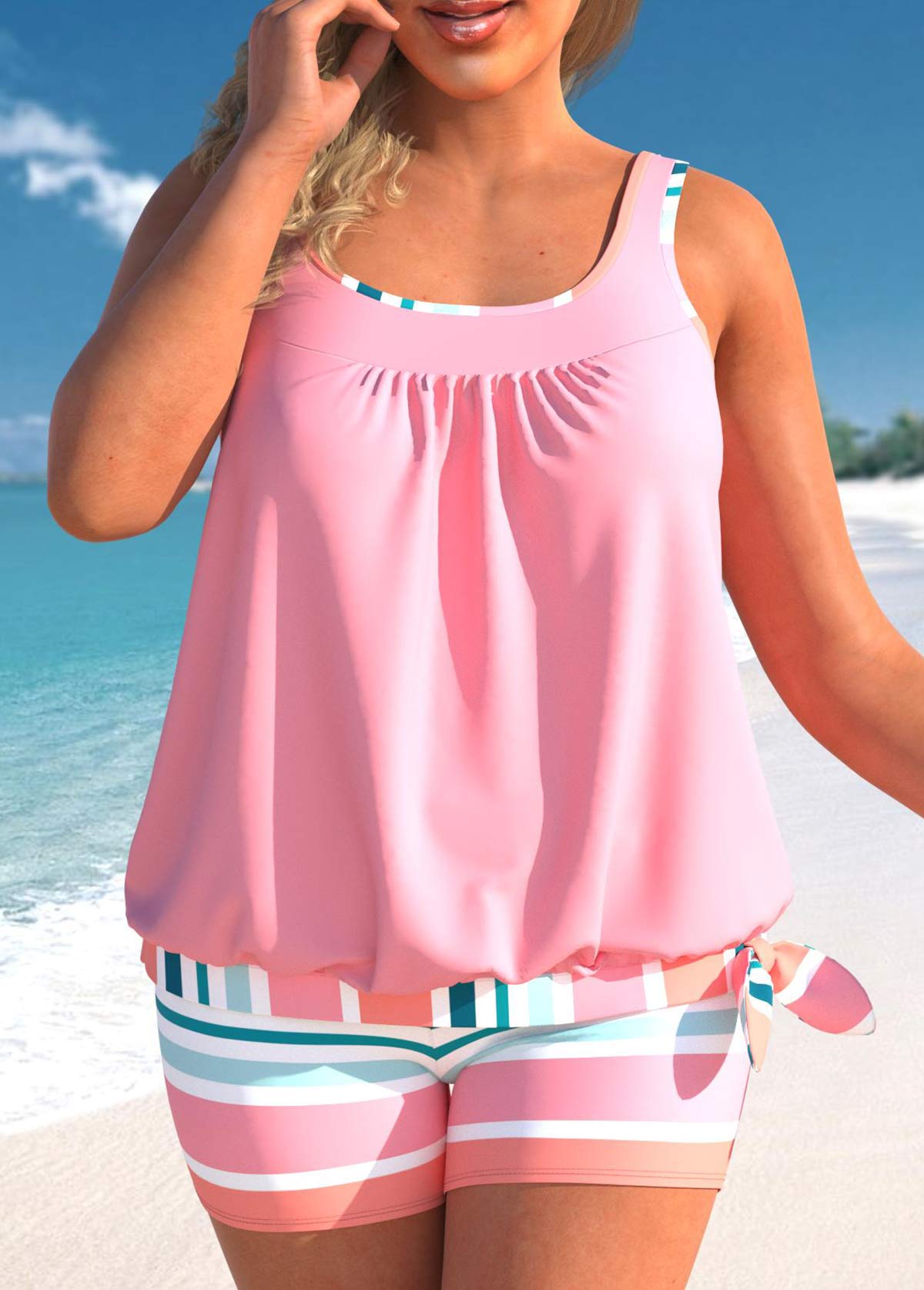 ROTITA Plus Size Multi Stripe Print Tankini Top-No Bottom