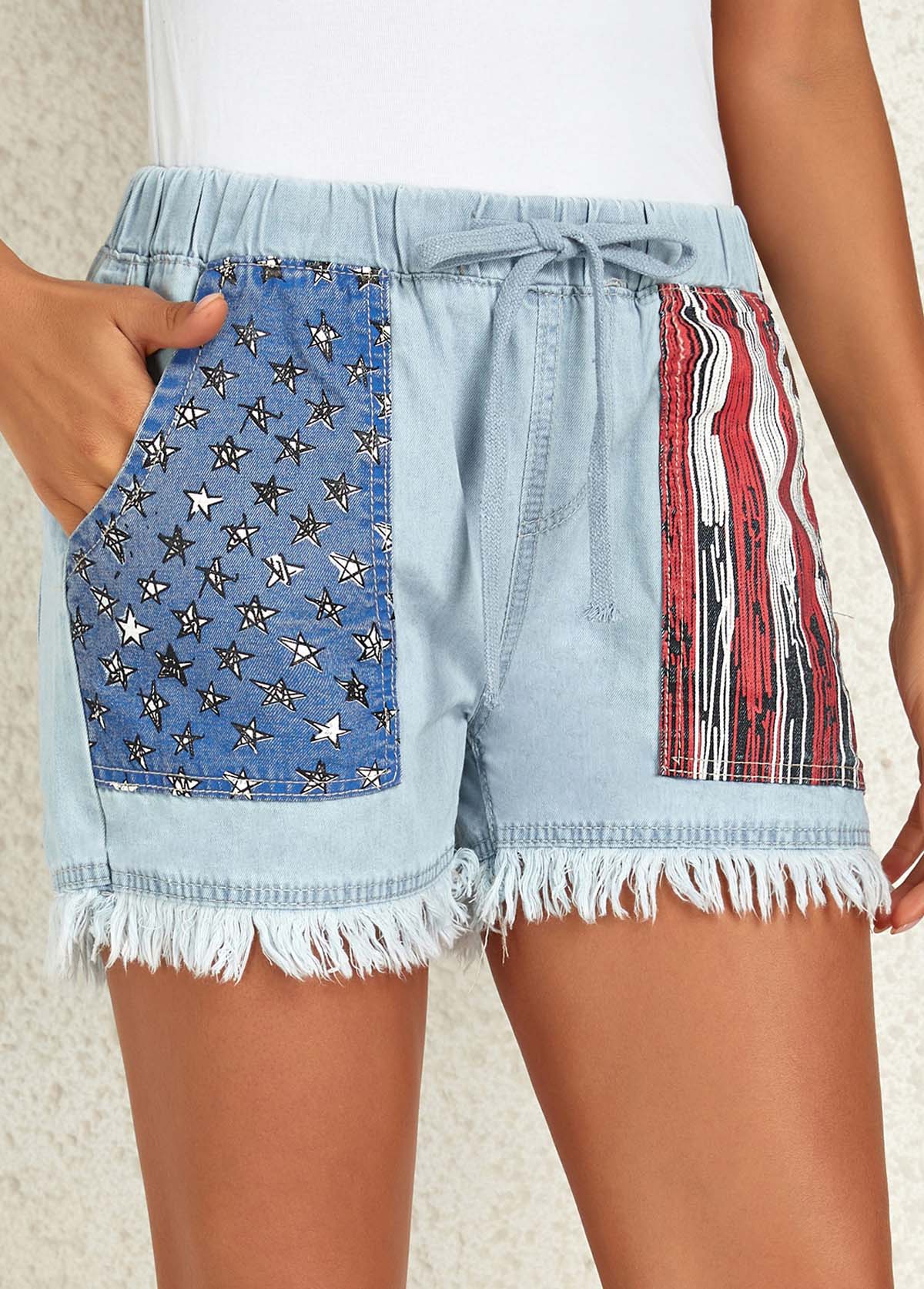 Pocket Flag Print Dusty Blue Regular Drawastring Jeans