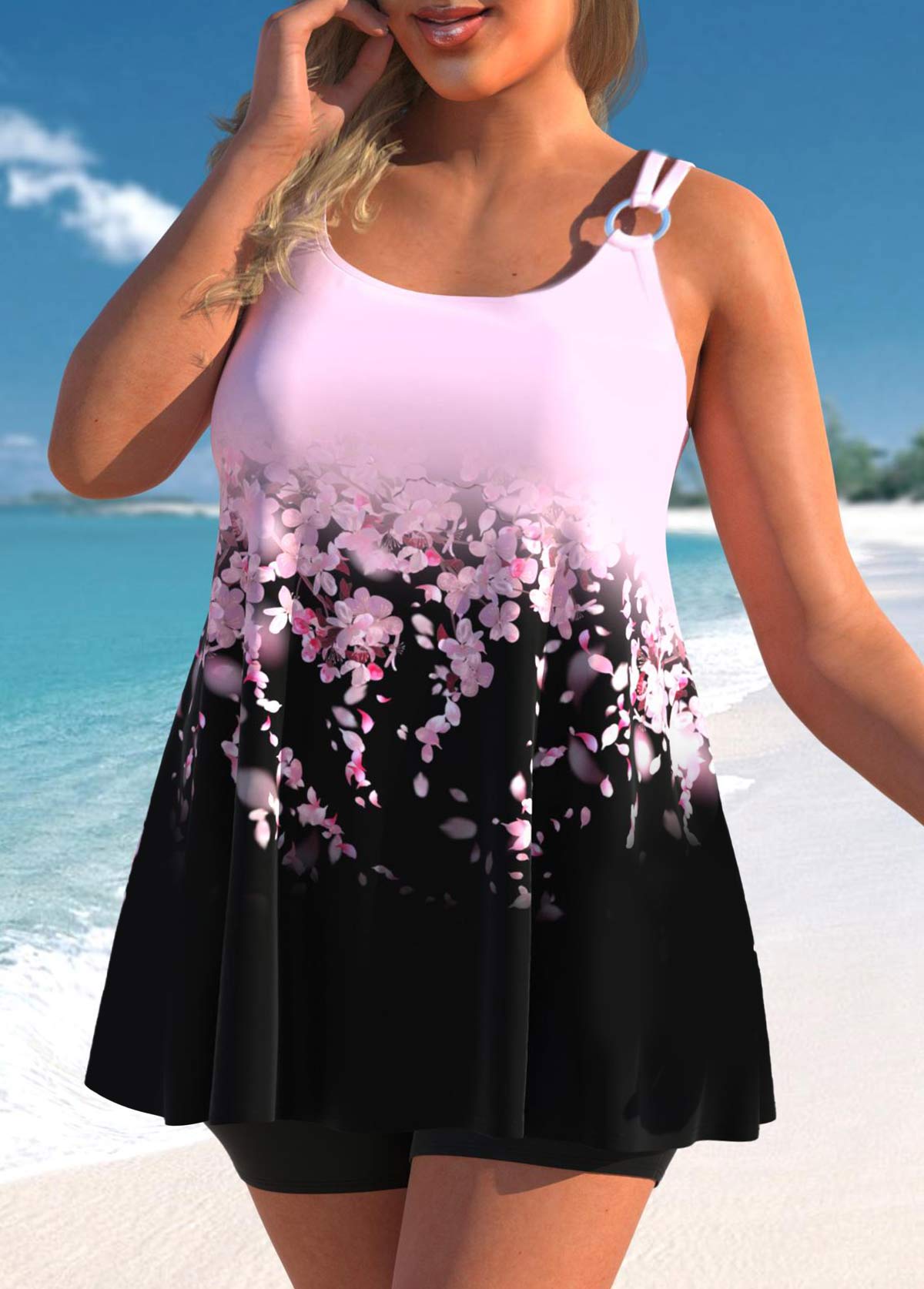 Light Pink swimwear,Black swimwear,Floral swimwear,Plants swimwear,Ombre swimwear,ROTITA Metal Ring Light Pink Floral Print Swimdress Top