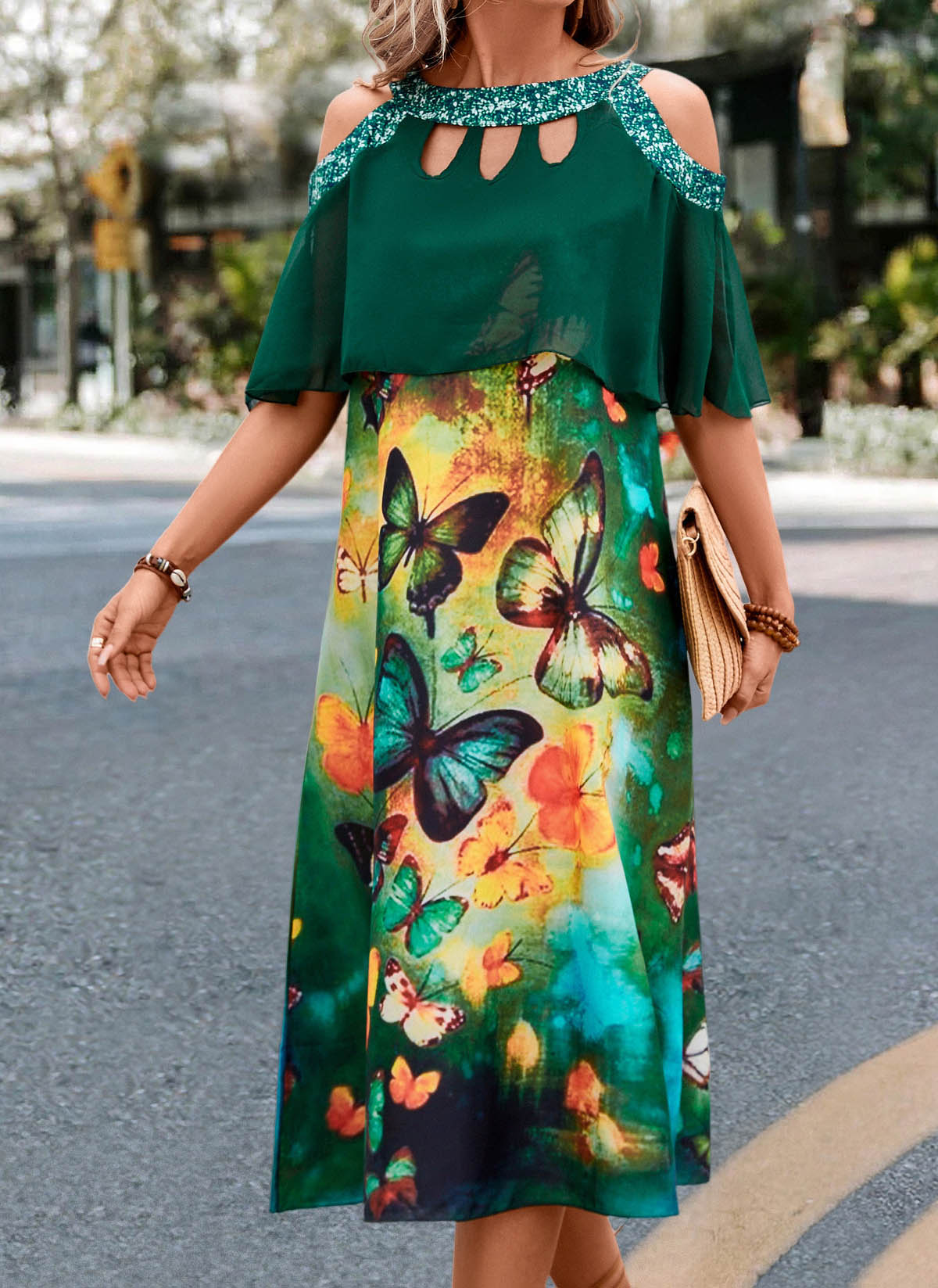 Green dresses,Animal Print dresses,Cage Neck Butterfly Print Green A Line Dress