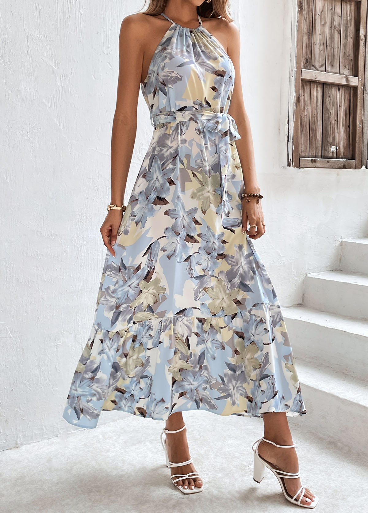 Bowknot Floral Print Light Blue Belted Dress