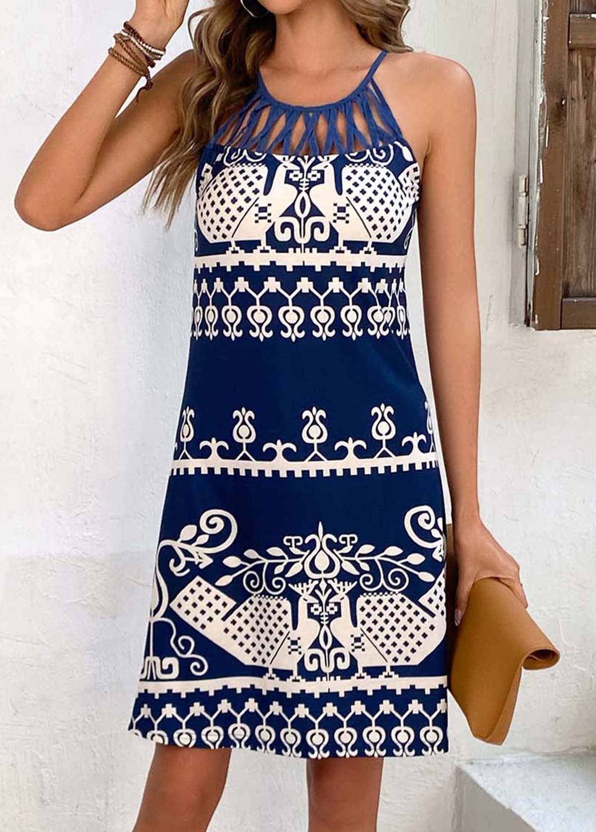 Navy dresses,White dresses,Tribal dresses,Criss Cross Tribal Print Navy Short Dress