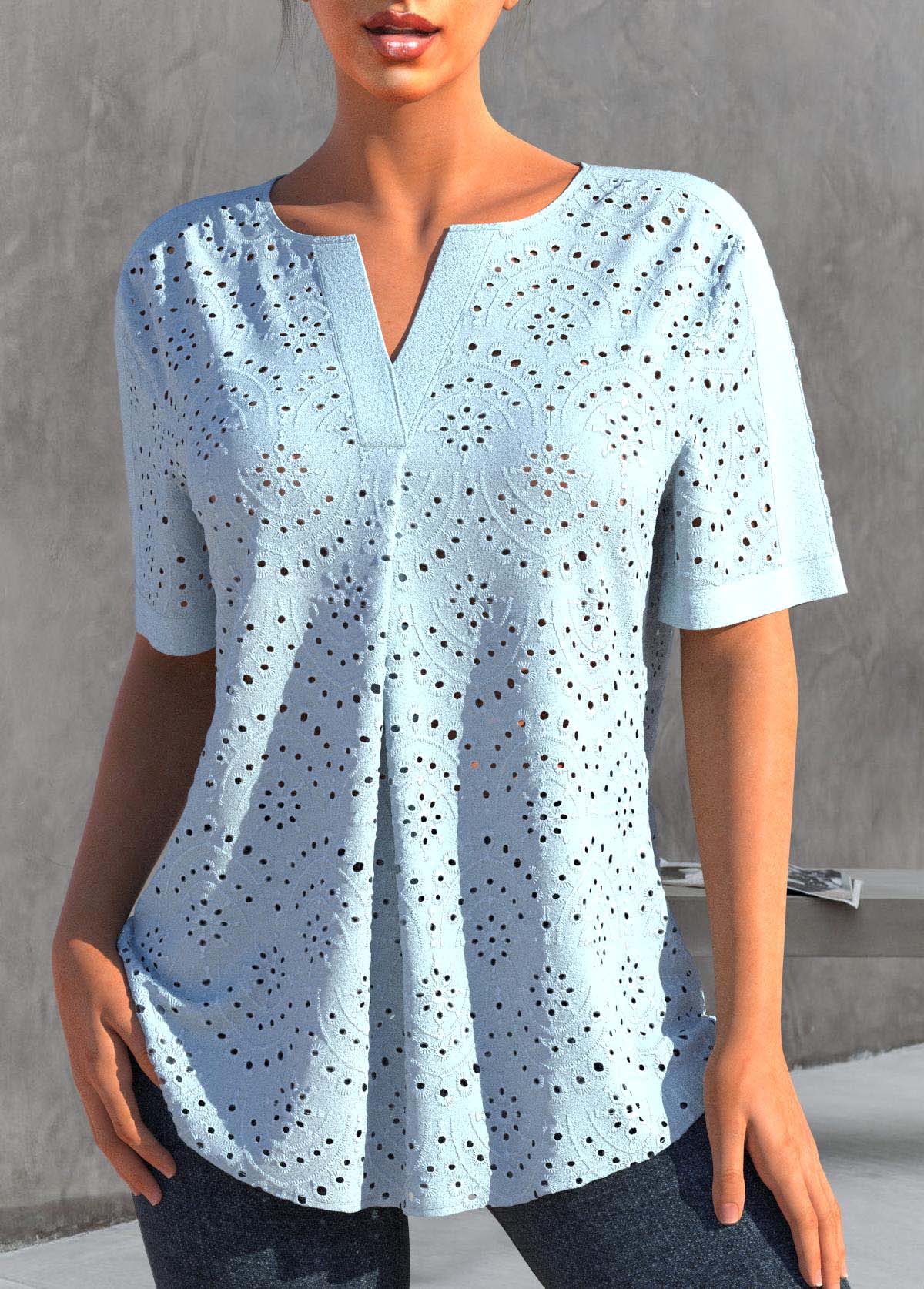 ROTITA Split Light Blue Short Sleeve Blouse