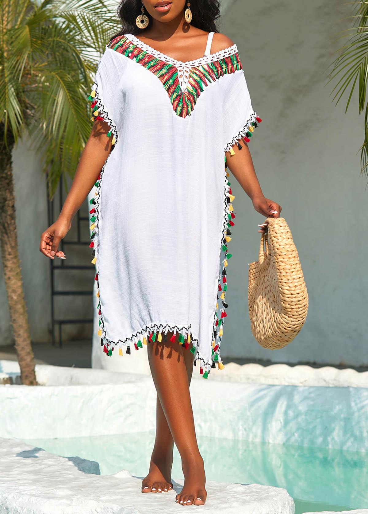White swimwear,Plain Color swimwear,Patchwork Weave Tassel White Cover Up