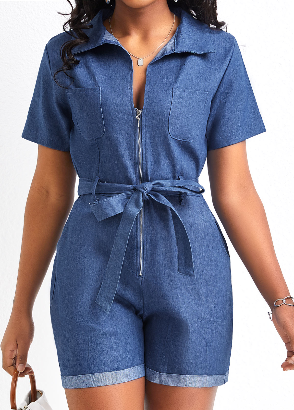 Denim Blue jumpsuits & rompers,Plain Color jumpsuits & rompers,Pocket Denim Blue Belted Short Regular Romper