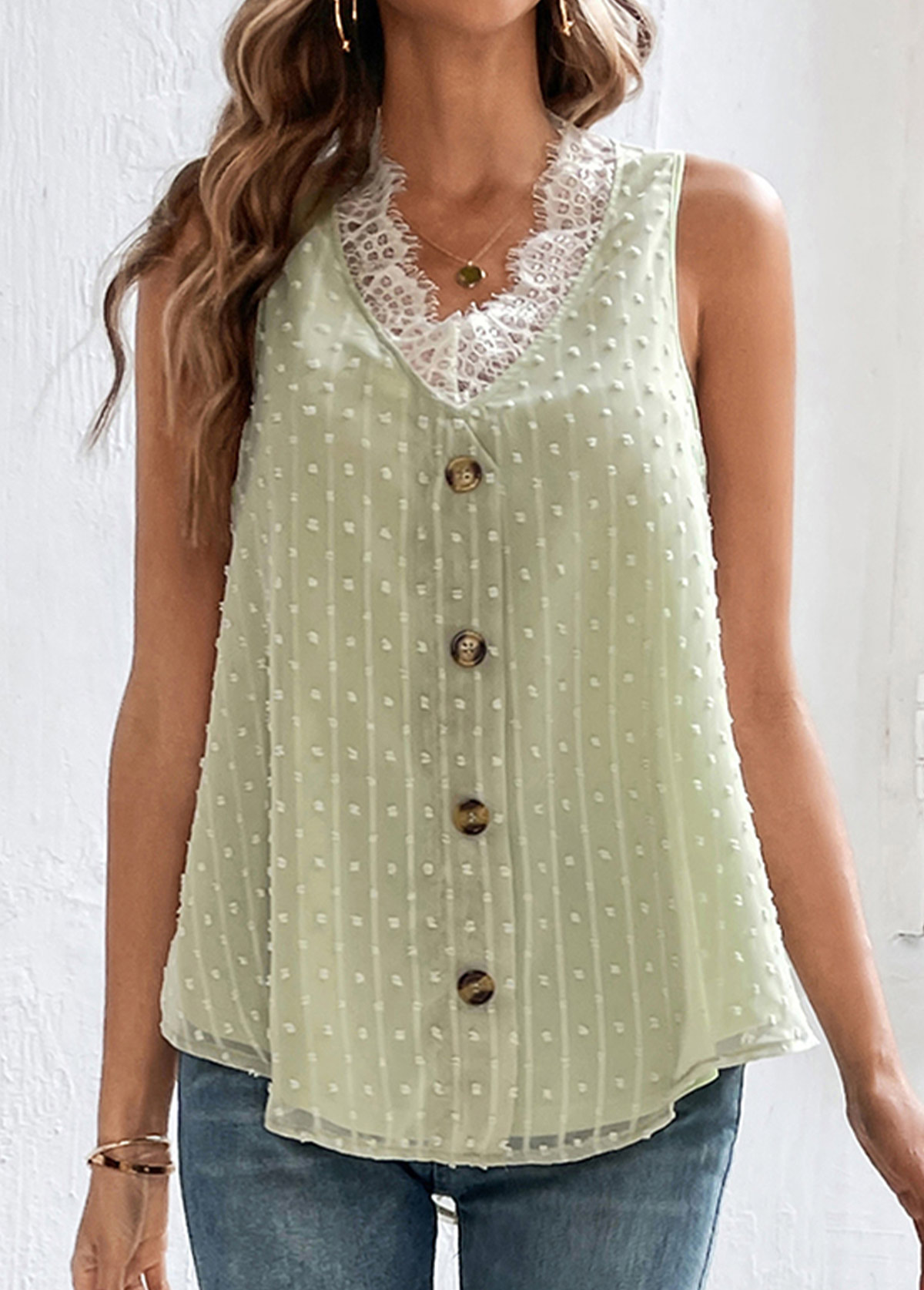 Light Green tops,Plain Color tops,Patchwork Light Green V Neck Lace Tank Top