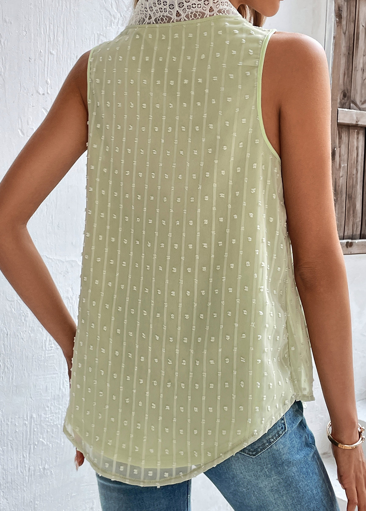 Light Green tops,Plain Color tops,Patchwork Light Green V Neck Lace Tank Top