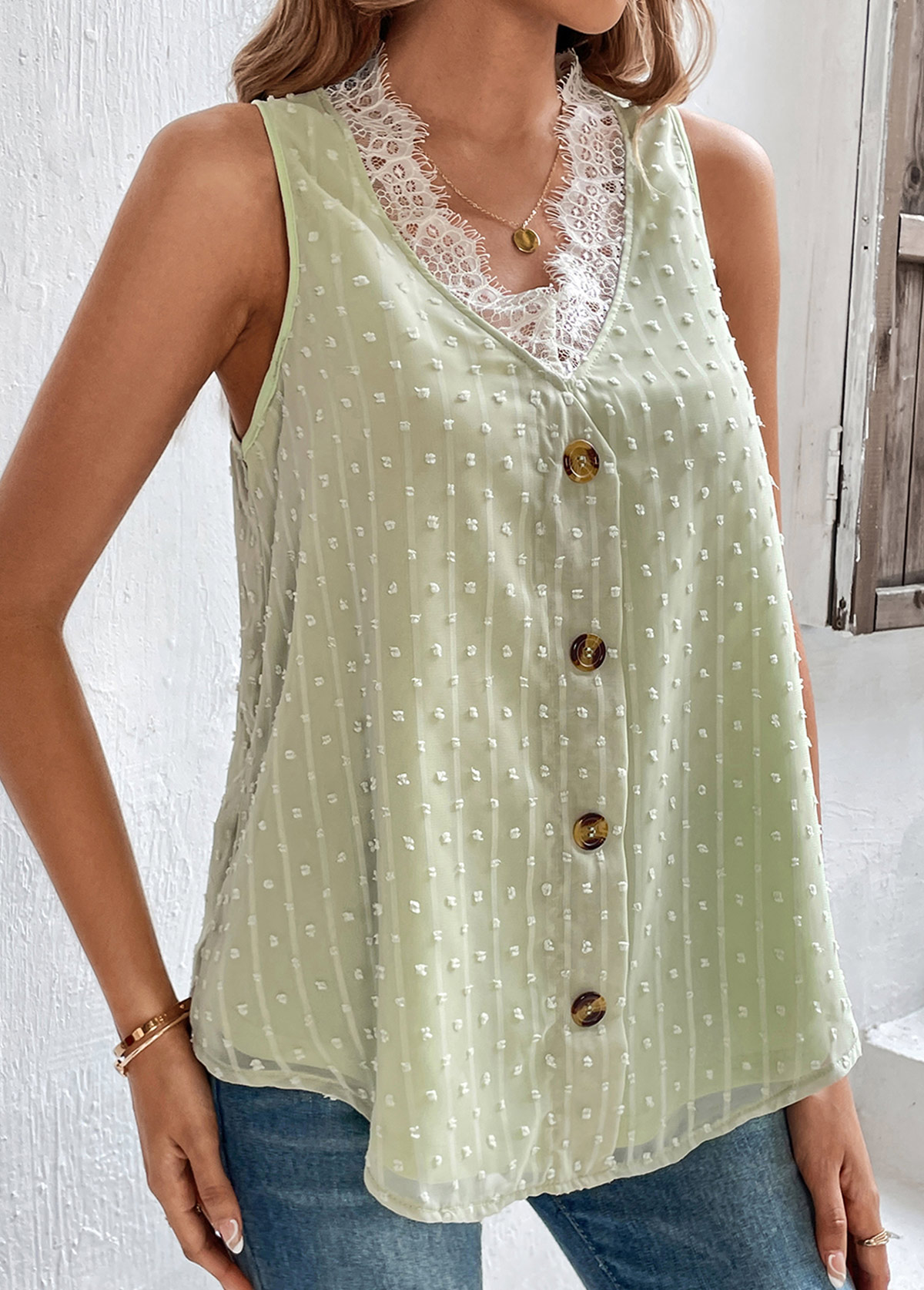 Light Green tops,Plain Color tops,Patchwork Light Green V Neck Lace Tank Top